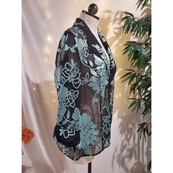 Alex Evenings Vtg Sheer Floral Jaquard Open Jacket Womens Size XL Black Blue - Picture 4 of 8